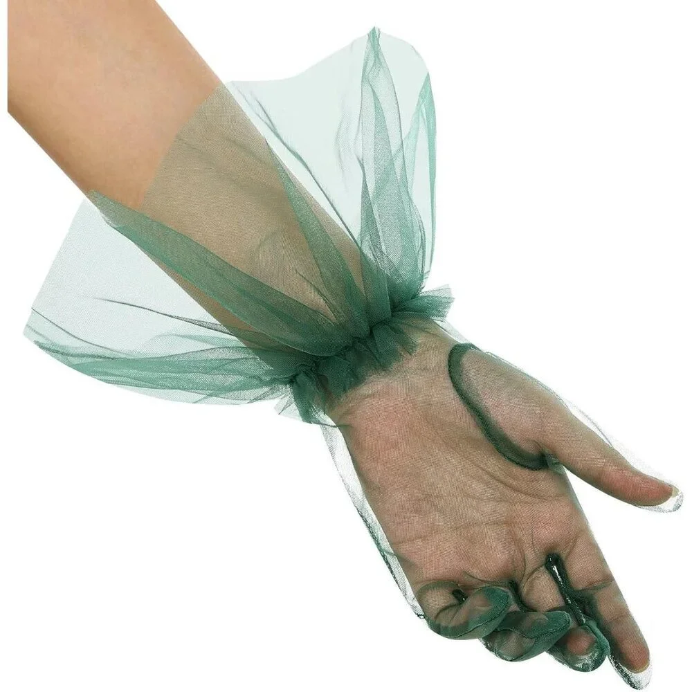 Women's Puffy Ruffle Green Tulle Sheer Mesh Party Prom One Size Short Gloves